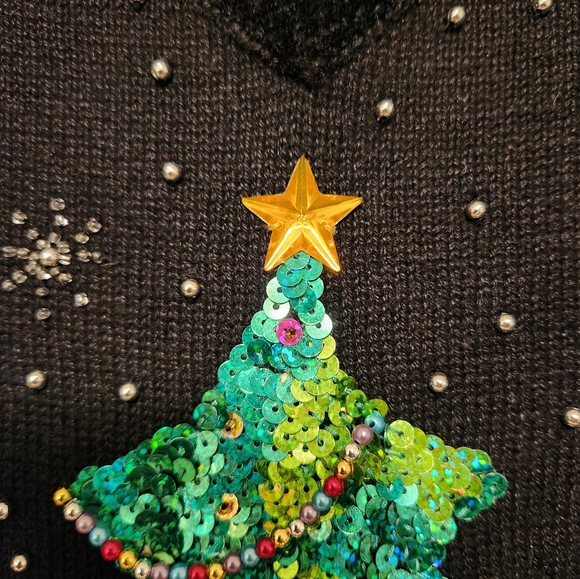 Quacker Factory Christmas Tree Holiday V-neck Black Sequin Beaded Sweater 2X - Picture 4 of 6
